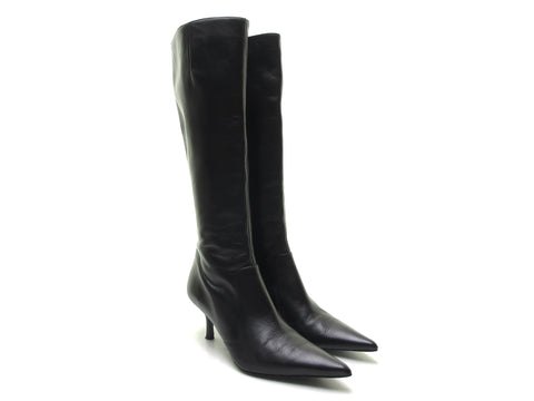 Calfskin Designer Italian black leather knee high boots Stiletto boots pointy toe boots tall boots 90s goth boot sexy Size 7 1/2